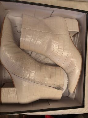Dolce Vita Croc-Embossed Ivory Block Heel Ankle Booties